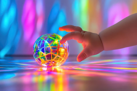 A baby reaches out to touch a colorful glass ball reflecting bright lights on the floor, creating a joyful atmosphere.の写真素材