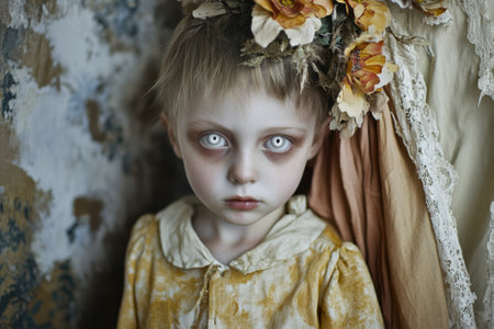 A child stands quietly, wearing a vintage yellow dress, surrounded by floral decorations.の写真素材