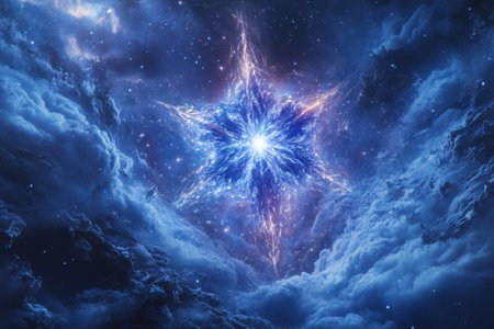 Blue and white light radiates from a star-like shape among swirling cosmic clouds in deep space.の写真素材