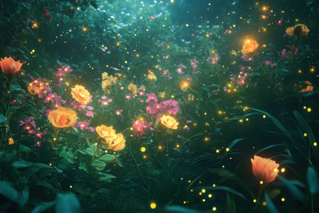 Beautiful flowers bloom in a serene garden, illuminated by soft glowing fireflies in the twilight.の写真素材
