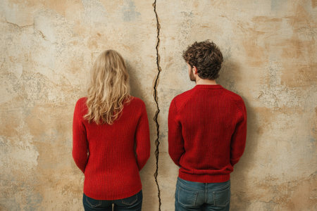 A couple, dressed in matching red sweaters, stands back to back, separated by a visible crack in the wall.の写真素材