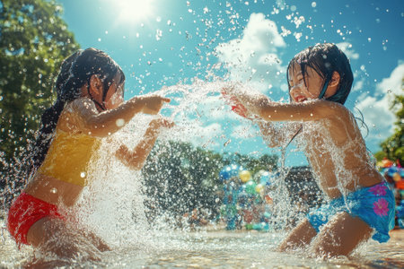 Two children are splashing water at each other in a vibrant splash park on a sunny summer day.の写真素材