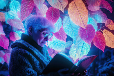 An elderly individual enjoys reading a book amid colorful glowing leaves at night, creating a magical atmosphere.の写真素材