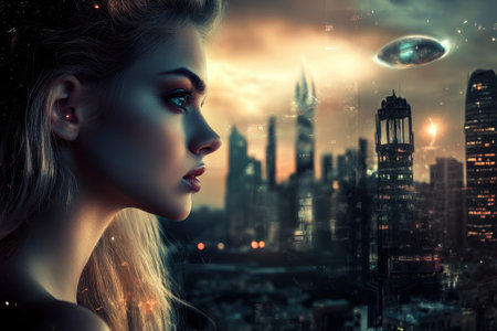 A woman gazes at a UFO above a futuristic city at dusk, merging nature and technology.の写真素材