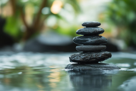 Smooth stones are stacked neatly by tranquil water, reflecting a peaceful atmosphere in the garden.の写真素材