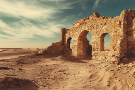 Weathered structures rise from sand, reflecting the history and mystery of an arid landscape at sunset.の写真素材