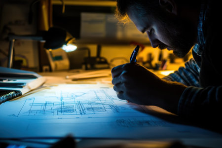 A man concentrates deeply as he sketches detailed architectural plans under warm task lighting in a cluttered desk area.の写真素材