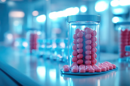 Brightly colored capsules are neatly arranged in jars on a counter, illuminated by calming ambient lights.の写真素材