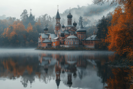 Historic church rises above a misty lake, surrounded by vibrant autumn foliage in early morning light.の写真素材