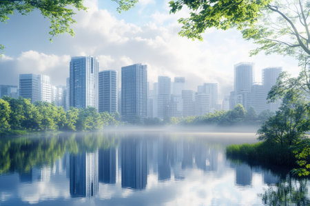 A vibrant city skyline reflects on a peaceful lake, framed by trees under a bright blue sky.の写真素材