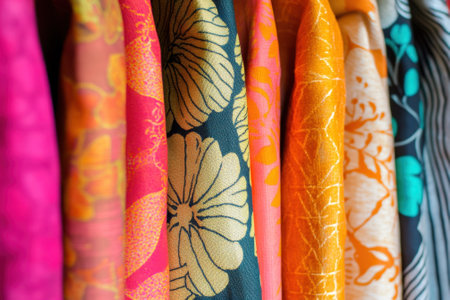 Beautifully designed fabrics in bright colors and floral patterns adorn a boutique display, attracting shoppers.の写真素材