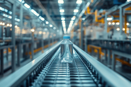 A clear plastic water bottle sits on a conveyor belt in a bustling factory filled with machinery.の写真素材