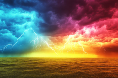 Vibrant storm clouds clash in colors as lightning illuminates the evening sky over a grassy field.の写真素材