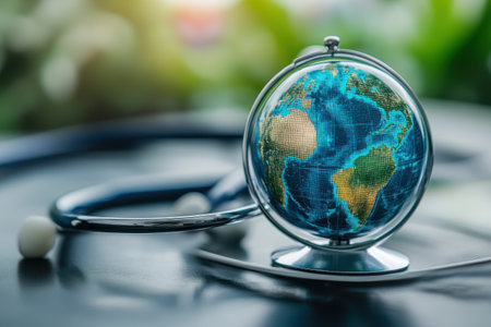 A globe accompanied by a stethoscope on a table represents themes of health and global unity.の写真素材