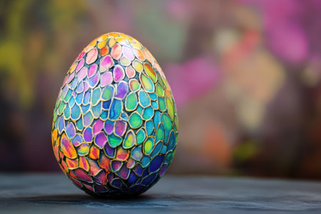 A beautifully painted decorative egg features vibrant colors and intricate designs against a blurred background.の写真素材