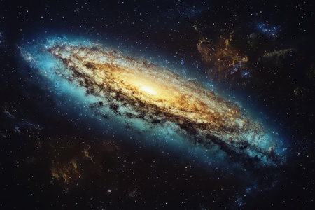 A breathtaking galaxy is displayed with luminous colors and swirling stars, creating a cosmic wonder.の写真素材