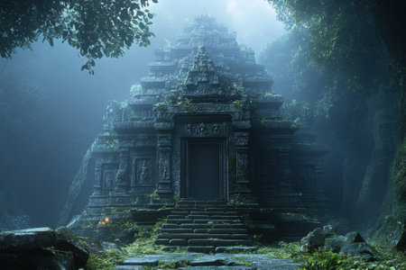 A mysterious temple stands silently in a dense jungle, partially obscured by morning mist and lush vegetation.の写真素材