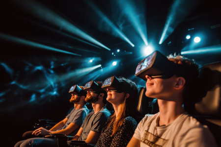 Four individuals enjoy a thrilling virtual reality adventure in an entertainment center filled with lights.の写真素材
