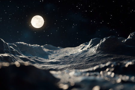 A serene lunar landscape showcases rugged terrain illuminated by a full moon against a star-filled sky.の写真素材