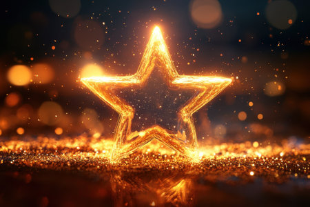 A glowing golden star stands out with a dazzling light, surrounded by sparkling particles in a dark setting.の写真素材