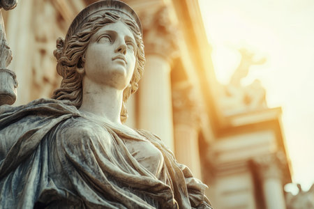 The detailed statue exudes tranquility, bathed in warm sunlight next to impressive architectural features.の写真素材