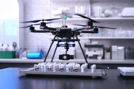A drone hovers above a table filled with sample containers, conducting analysis in a laboratory setting.の写真素材