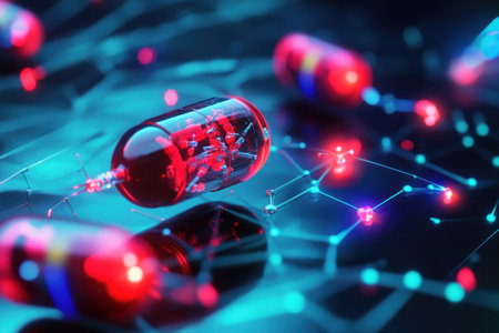 Glowing red capsules float above a vibrant network of interconnected nodes, symbolizing modern medical advancements.の写真素材