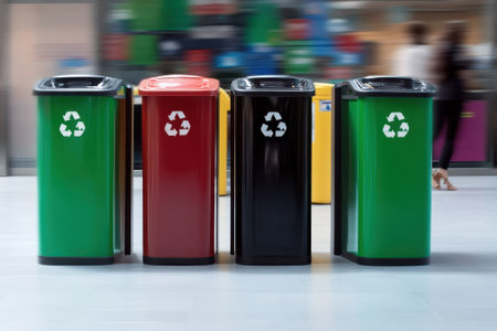 Four colorful recycling bins in a modern setting promote waste sorting and eco-awareness.の写真素材
