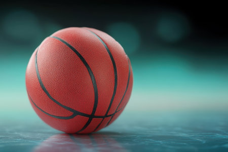 A vibrant orange basketball rests on a polished surface, illuminated by soft, diffused light in a serene setting.の写真素材