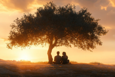 A couple sits under a tree as the sun sets, creating a warm, romantic atmosphere.の写真素材