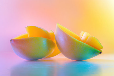 Two ripe mango halves sit on a brightly colored surface, showing their juicy flesh and appealing texture.の写真素材