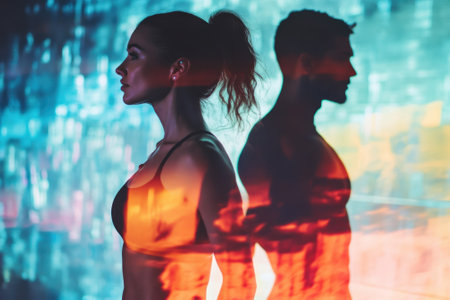 Two individuals stand back-to-back, their silhouettes highlighted by vibrant light patterns in an art installation.の写真素材