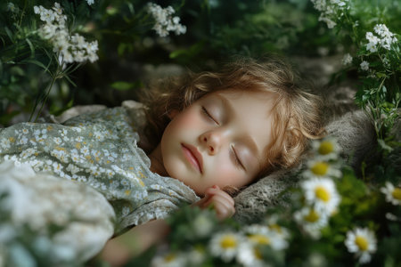 A young girl lies asleep in a lush forest, surrounded by blooming wildflowers and soft greenery, enjoying tranquility.の写真素材
