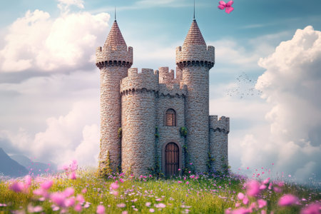A stunning stone castle stands prominently amidst colorful flowers, enjoying a bright day with fluffy clouds.の写真素材