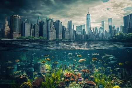 Buildings of a city rise above a colorful and lively underwater world teeming with marine life.の写真素材