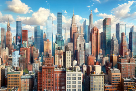 Tall buildings of various styles rise above city streets, reflecting sunlight and creating a vibrant urban landscape.の写真素材