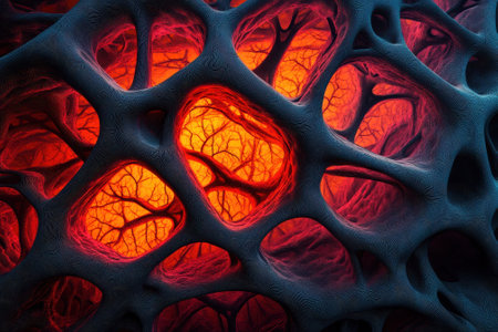 Close-up view of a vibrant microscopic environment featuring intricate network and glowing patches highlighting details.の写真素材