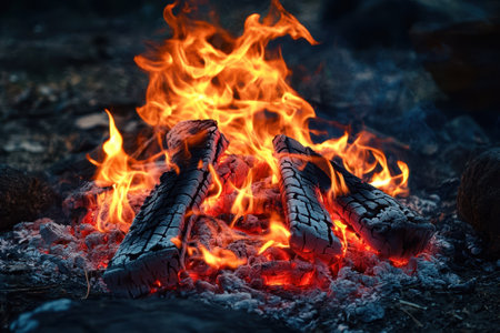 Flames dance above glowing embers as a campfire crackles in a peaceful forest at night.の写真素材