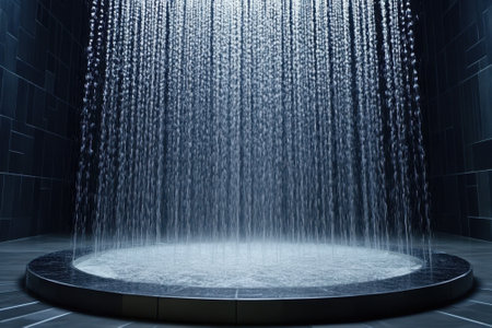 Water cascades gently from a ceiling-mounted fixture into a circular basin, creating a tranquil ambiance.の写真素材