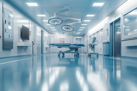 A bright, sterile operating room featuring surgical lights, an examination table, and medical equipment.の写真素材