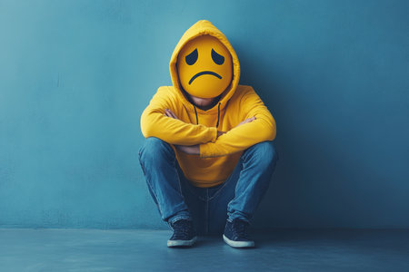 A person in a yellow hoodie sits cross-legged on a floor, their face replaced by a sad emoji mask, expressing sorrow.の写真素材