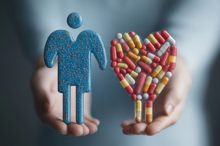 A person holds two different formations made of capsules, representing love and health, emphasizing wellness.の写真素材