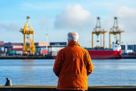 A person wearing an orange jacket stands by the water, looking at ships and cranes in a bustling harbor.の写真素材