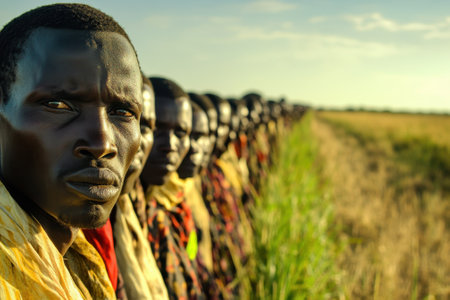 A line of men dressed in traditional clothing stands attentively in a vast African landscape as the sun sets.の写真素材