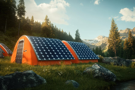 Brightly colored tents equipped with solar panels sit among lush greenery, surrounded by mountains under a clear sky.の写真素材