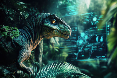 A dinosaur observes holographic data while surrounded by vibrant greenery in a dense jungle.の写真素材