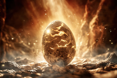A glowing cracked egg stands in a dimly lit, mystical cave surrounded by shimmering dust and stone.の写真素材