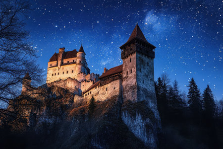 A stunning castle stands tall amidst a star-filled sky, surrounded by trees in a tranquil setting.の写真素材
