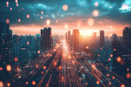 Colorful sunset over a bustling cityscape, with lights illuminating the busy roads and skyscrapers.の写真素材