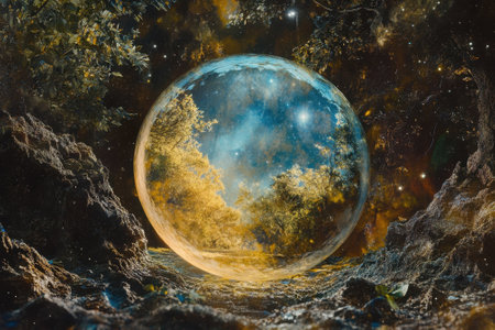 A mesmerizing crystal sphere reveals a vibrant forest scene set under a starry night sky.の写真素材